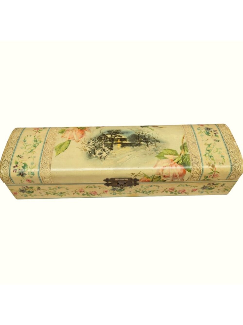 Antique Victorian Celluloid Glove Box  Floral & Winter Lithograph Ornate Lock